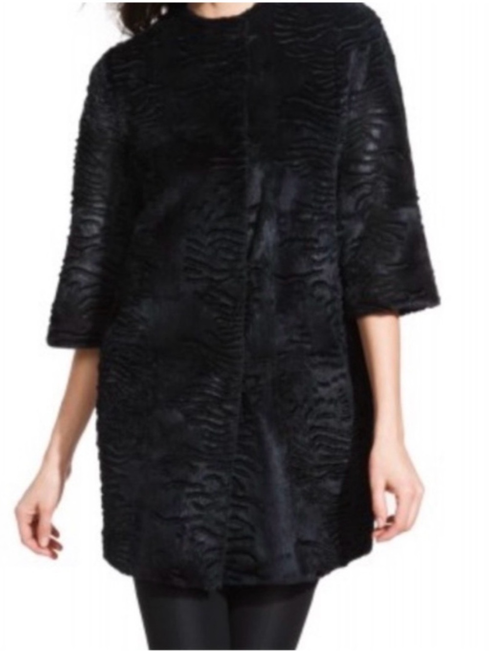 Dawn Levy Catina Real Rabbit Fur Coat Black Textured Long Jacket NWOT M